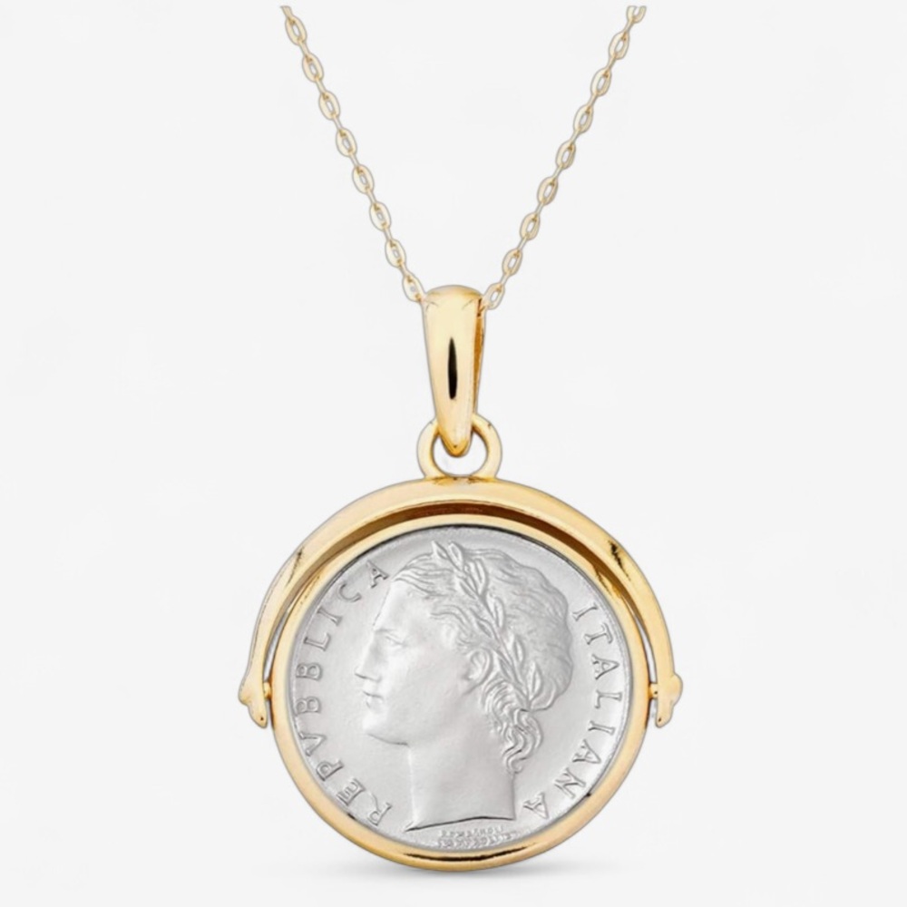 Italian 18K Gold - Sterling Silver Genuine 100 Lira Coin Adjustable Necklace